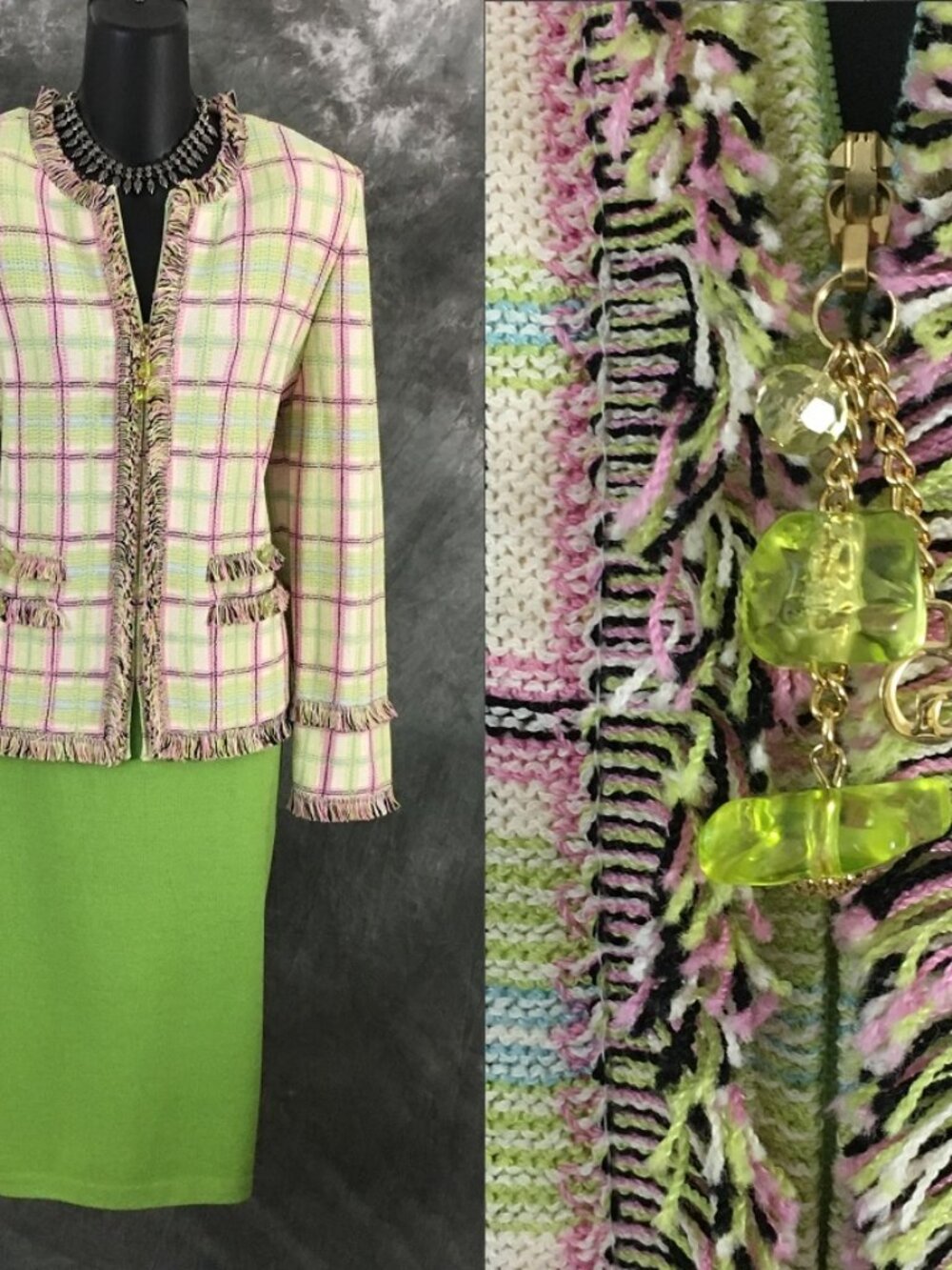 BEAUTIFUL St John collection knit green purple white skirt suit size 8 10